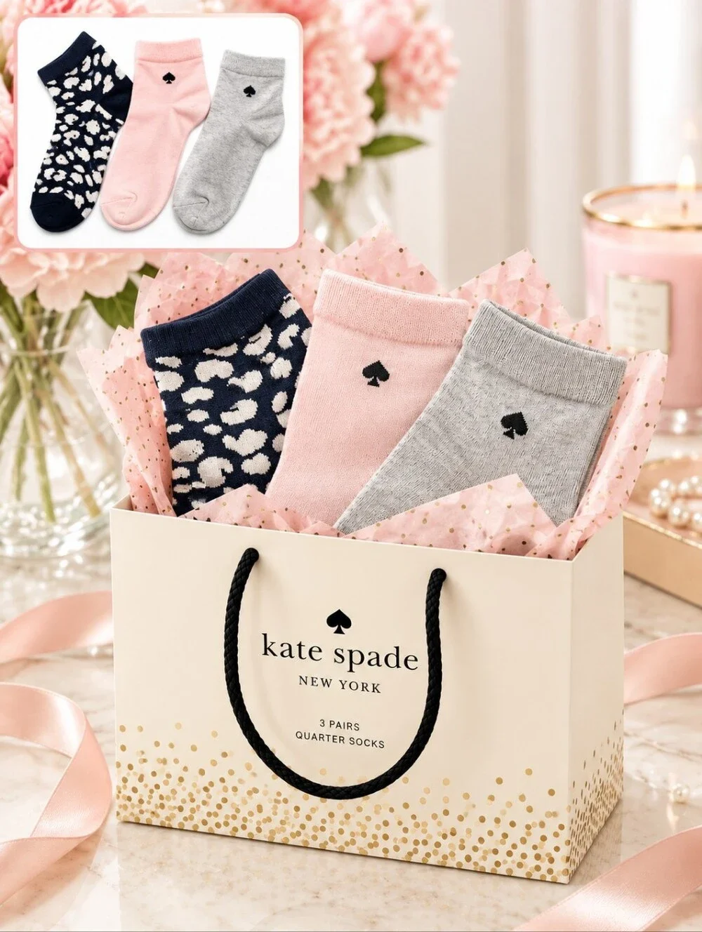 KATE SPADE New York 3 Pair Quarter Socks NWT Size 4-10 Luxury Cotton Blend